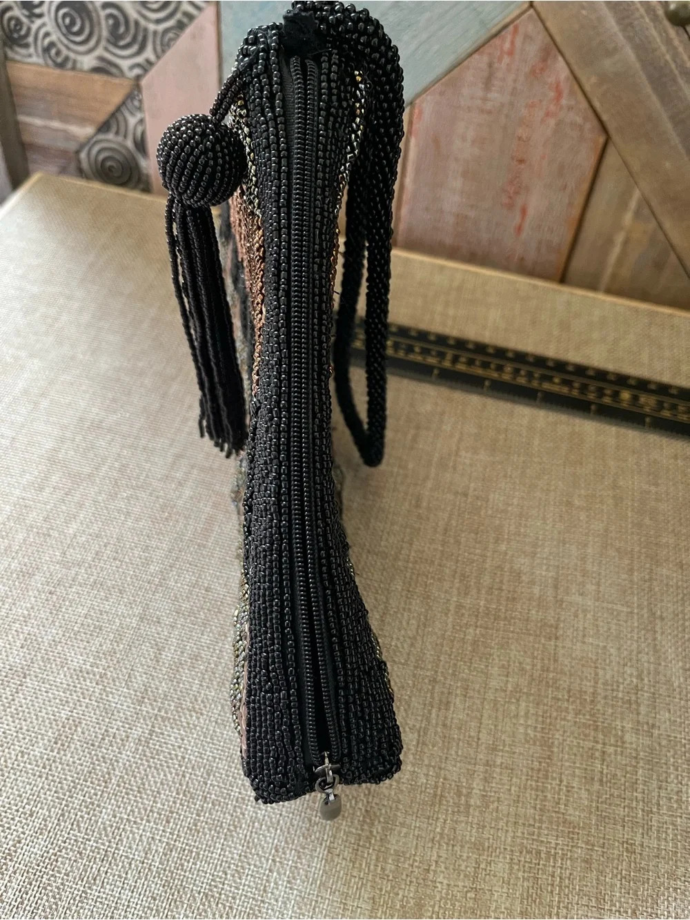 Chico's Black and Rose Gold Sequin Fan Wristlet Clutch